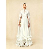Shimmer Cape‑Sleeve Ruffled High‑Low Formal Maxi Dress Elegant Wedding Guest Evening Party Gown