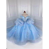 Luxurious Sky Blue Flower Girl Dress Tulle Fluffy With Exquisite Lace Appliques For Little Princess Wedding Evening Ball Gowns