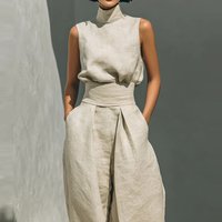Sleeveless top+wide leg pants summer casual two-piece set elegant and loose office set high street pocket women's set