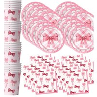 60Pcs Pink Bow Disposable Tableware Kit for Girls Bachelorette Engagement Birthday Party Includes Paper Cup Plate Napkins Decor