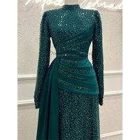 Customized High Neck Glitter Mermaid Prom Dresses Elegant Long Sleeves Floor-Length Formal Evening High Quality Classic Retro Ex