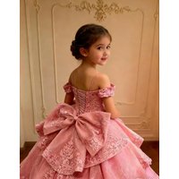 Pink Customized Flower Girl Dress for Wedding Off Shoulder Ruffles Lace Appliqued Bow Princess Kids First Communion Ball Gown
