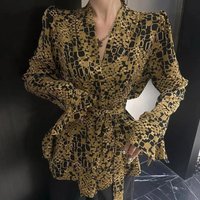 Women's Vintage Print V-Neck Flare Sleeve Tie Blouse Spring Autumn Waist Tie Slim Versatile Office Top