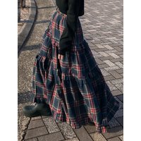 Women's Plaid Maxi Skirt, Ruched & Ruffled Design, Elastic Waist Casual Elegant Long Skirt