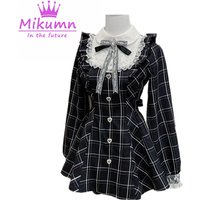 Mikumn Harajuku Y2k Sweet Lace Bow Rhinestone Plaid Dress Women Japanese Style Slim Long Sleeve Gothic Lolita Kawaii Mini Dress