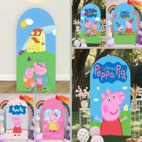 Peppa Pig Theme Arched Backdrop Customized Children's Birthday Party Baby Shower Double-Sided Printing Decorative Stretch Fabric