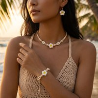 Boho Hawaiian Plumeria Flower Jewelry Set for Women Polymer Clay Cowrie Shell Choker Necklace Woven Bracelet Earrings Vacation