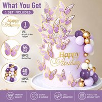 96pcs/set Purple Butterfly Cake Decorations Kit Gold Trim 3D Butterflies Happy Birthday Topper for Baby Shower & Birthday Party