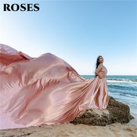 ROSES Champagne Rose Evening Dress Halter Satin Party Dress Flowing Train vestidos de fiesta Sleeveless Prom Gowns Customized