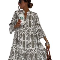 Casual Bohemian Style Print Midi Dresses Women Fashion V-neck 3/4 Sleeve Loose Shirt Dress Summer Female Beach Dress Vestidos