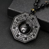 Obsidian Stone Taoism Necklace Black Pendant Chinese Tai Ji Ba Gua Octagon Long Sweater Chain Amulet Mascot Men Taoist Jewelry