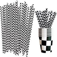 25pcs/Pack Checkered Flag Paper Straw and 10pcs/Pack Paper Cup Black White Racing Car Tableware Racing Birthday Party Decoration