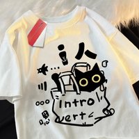 Tops Introverted Cat Fun T-shirt T-shirt Clothing Casual Soft Short Sleeve Summer Street Family T-shirt Women Clothing Y2K Top