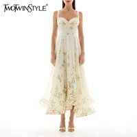 TWOTWINSTYLE Colorblock Slimming Spliced Printing Dress for Women Square Neck Sleeveless Patchwork Zipper Dresses Female Style