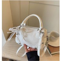 Sweet Mesh Spliced Mini Boston Handbag with Lace Pearl Ornament, Light Portable Detachable Strap Purse for Errands Dates Soft