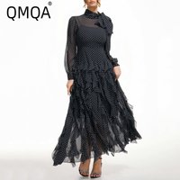QMQA Fashion Women's Elegant Dresses Bow Polka Dot Print High Waist Long Sleeve Big Swing Ruffles Dress Female 2025 New 1A104