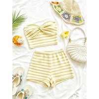 Sunshine Yellow Striped Knit Bandeau 2-Piece Set, Twist-Front Top + High Waist Shorts,Perfect for dates, parties and beach getaw