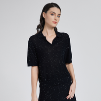 BC1138 Luxury Women's Sequin Polo Knit Sweater 30% Mulberry Silk 40% Linen Pullover Knitted Top