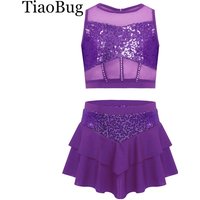 Girls Hip Hop Jazz Dance Costume Sleeveless Cutout Sheer Mesh Shiny Sequins Crop Top with Tiered Skirt Cheerleading Dancewear