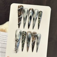 10PCS Devil's Eye Long Pointed False Nails Silver Black Gothicpunk Style Handmade Fake Nail Tips For Costume Party Press on Nail