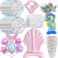 Ocean Theme Party Disposable Seashell Plates Cups Napkins Straws Seahorse Seashell Foil Balloons Under The Sea Party Decorations