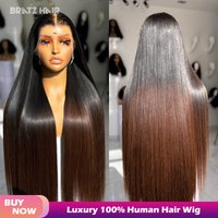 Glueless Wig Bone Straight 13by6 HD Front Human Hair Wig Ombre Brown Colour 13x4 HD Lace Front Straight Human Hair Wig for Woman