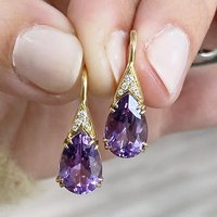 Huitan Water Drop Purple CZ Drop Earrings for Women Temperament Elegant Lady's Ear Accessories Wedding Anniversary Party Jewelry