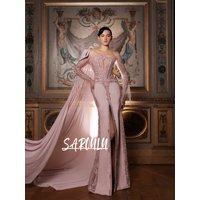 Charming Blush Pink Mermaid Evening Gown Off-the-Shoulder Hand Embellished Beaded Tassel High Slit Prom Dress With Cape Train
