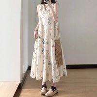 Women's Floral Print Sleeveless Maxi Dress Cream Sleeveless Crew Neck Maxi Dress with Delicate Floral Print and Flowy Silhouette