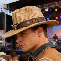 Vintage Straw Western Cowboy Hat Bull Skull & Badge Decor Wide Brim Unisex Cosplay Costume Accessory for Halloween Western Theme