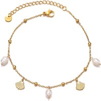Women Trendy Gold Shell Pearl Cross Charm Ankle Bracelets Waterproof Stainless Steel Adjustable Anklet Summer Beach Jewelry Gift