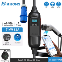 Khons Type2 Tragbares EV-Ladegerät, 32 A, 7 kW, schnelles Aufladen, Elektroauto-Ladegerät, Verbindungssteuerung, Ladegerät für Elektrofahrzeuge über APP