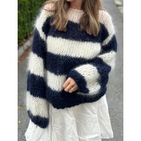 Women Autumn Winter Loose Fit Knitwear Jumpers Vintage Striped Fuzzy Knitted Sweater Casual Boat Neck Long Sleeve Pullover Tops