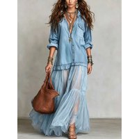 Women's Imitation Denim Splice Tulle Maxi Dress Long Sleeve Shirt Top Layered Mesh Flowy Casual Elegant Party Shirt Long Dress