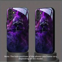Tempered Glass Phone Case For Galaxy S26 S21 S22 S23 S24 S25 FE Ultra Plus Series. Cool Purple Smoke Skull Design.