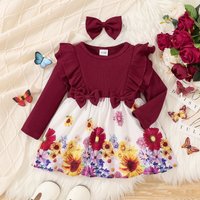 New Spring and Autumn Girls Cute Flower Dress Children's Long sleeved Wine Red Casual Fashion Dress