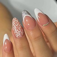 24PCS almond fake nail plate, white heart pattern decoration, rhinestone inlay, suitable for dates and dinners