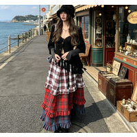 Retro Tartan Tiered Midi Skirt Women Plaid Colorblock Ruffle Layered Maxi Skirt Gothic Dark Academia Aesthetic Casual Skirt
