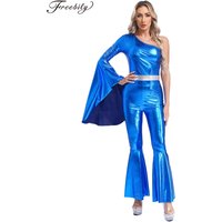 Womens 60 70s Disco Costume Hippie Outfits Halloween Carnival Party Hip-hop Dance Costumes Shiny Metallic Bodysuit Jumpsuit