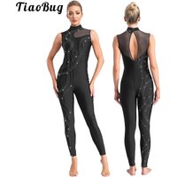 Womens Acrobatic Gymnastics Jumpsuit Rhinestones Sleeveless Full Body Leotard Dancewear Sheer Mesh Figure Skating Bodysuit