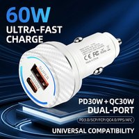 60W High Power Car Charger Dual USB C Fast Charging Adapter Multi Protocol Auto Power Supply Fits Mobile Phones GPS For iPhone