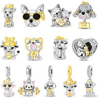 Cute Dog Cat Cow Pet Charm Beads Two-tone Gold S925 Sterling Silver Fit Original Bracelet Animal Jewelry For Girls Gift