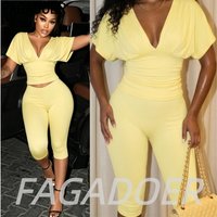 FAGADOER Fashion Ruched Bodycon Shorts Two Piece Sets Women Sexy Waist Cincher V Neck Crop Top and Capri Pants Outfits 2026 New