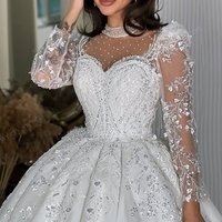 High-Neck Weddingdress Luxury Organza With Embroidery Sequins Ballgown Full Sleeve Customized Bridedress Button Vestido De Novia