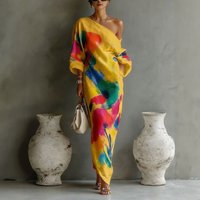 Women's Boho Abstract Print Maxi Dress Sexy One Shoulder 3/4 Sleeve Loose Long Dress Summer Mew Holiday Casual Beach Cover Up