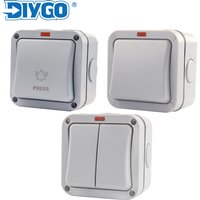 IP66 Home Garden Waterproof Switch Outdoor Dust-proof Wall Switch 1/2 Gang Push Button Power Switch 20A Self-reset switch DIY GO
