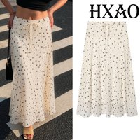 HXAO Polka Dot Women's Skirt Bow Belt Print Dotted Long Skirts 2026 Woman Summer Lace Up High Waist Vacation Midi's Skirt Female