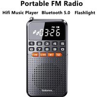 Portable FM Mini Radio Dual Antenna Pocket Radio Receiver Bluetooth 5.0 Speaker TF Card Music Player with LED Flashlight