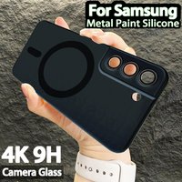 Original Metallic Paint Silicon Cover For Magsafe Phone Case Samsung Galaxy S21 Fe S22 Plus S23 Ultra 4K Glass Camera Protector
