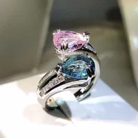 Delicate 925 Sterling Silver Pink Zircon Water Drop Rings for Women Fashion Bridal Engagement Wedding Open Ring Jewelry Gift